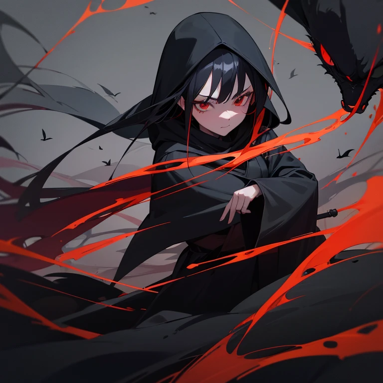 1 girl,28 years old,Dark Witch,slanted eyes,red eyes,black hair,long hair,black robe,Wearing a black hood,dark face,Shadow,That's horrible,beautiful,cute,enemy,snake,Crow,black background,high resolution,high quality
