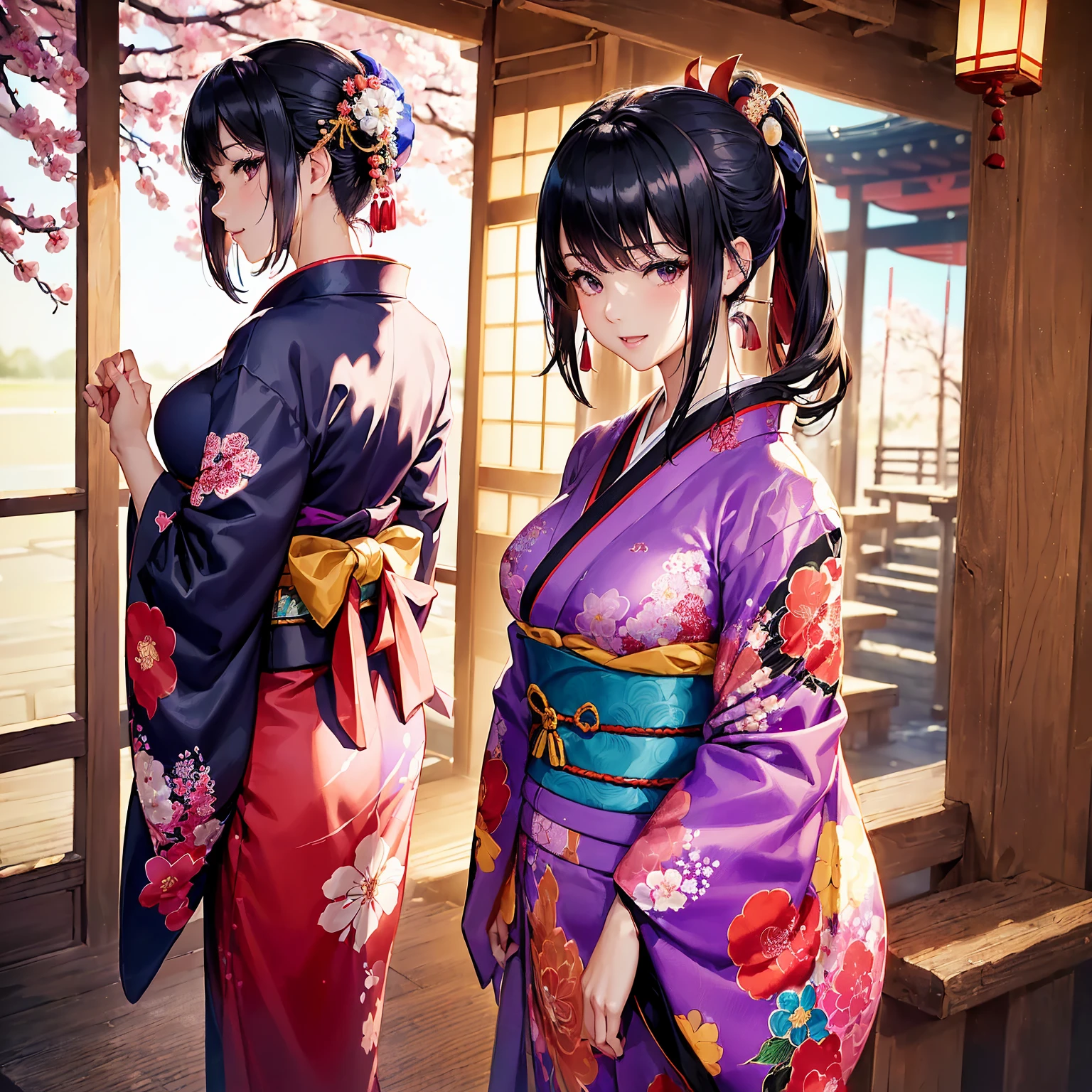 (((highest quality、masterpiece、very high resolution))),((A beautiful woman with perfect and ultimate beauty,beautiful body:beautiful face:beautiful skin:beautiful breasts)),(smile,open your mouth,),(beautiful black hair:Japanese hair,best hair quality),(beautiful breasts:F cup,Best skin quality),(((Wearing a beautiful Japanese colorful kimono:red:Purple:black color:pink color:blue,floral kimono))),(front:Posture that shows off your kimono,The large sleeves and obi are fluttering due to the wind.,Hair flutters under the influence of the wind、Japanese garden:Night cherry blossoms and lanterns、mysterious night sky、beautiful scenery)、(model pose,model shoot:best shot,RAW photo),(Overall image、accurate image、Detailed images、accurate anatomy、Image without defects、natural light、beautiful images、非常にDetailed images、Perfect Image 1.5)、beautiful anime woman、beautiful art style、anime character、