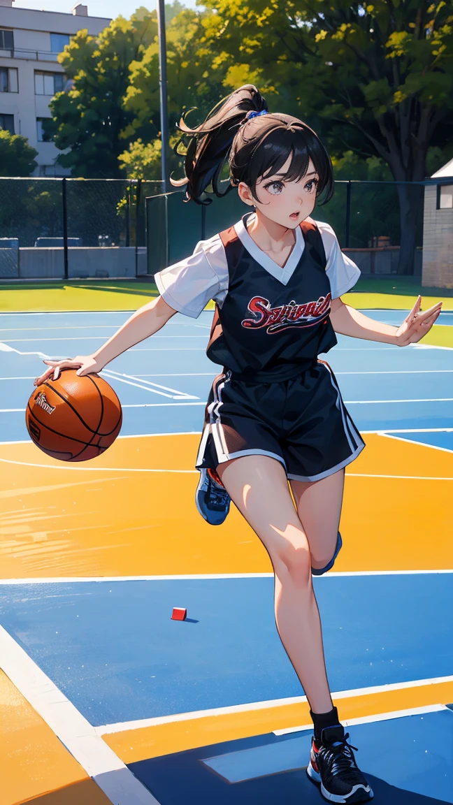 (best quality), (masterpiece), 1 Girl,playing basketball,she is dribbling the ball,running,outdoor basketball court, she is wearing a Suspender top, fair skin, sunny, full body photo,(bright eyes), (black eyes),Highly detailed,(single), sweet, open background,simple background