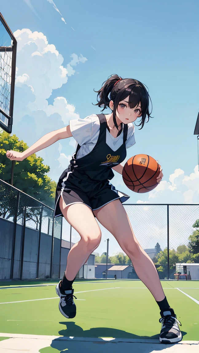 (best quality), (masterpiece), 1 Girl,playing basketball,she is dribbling the ball,running,outdoor basketball court, she is wearing a Suspender top, fair skin, sunny, full body photo,(bright eyes), (black eyes),Highly detailed,(single), sweet, open background,simple background