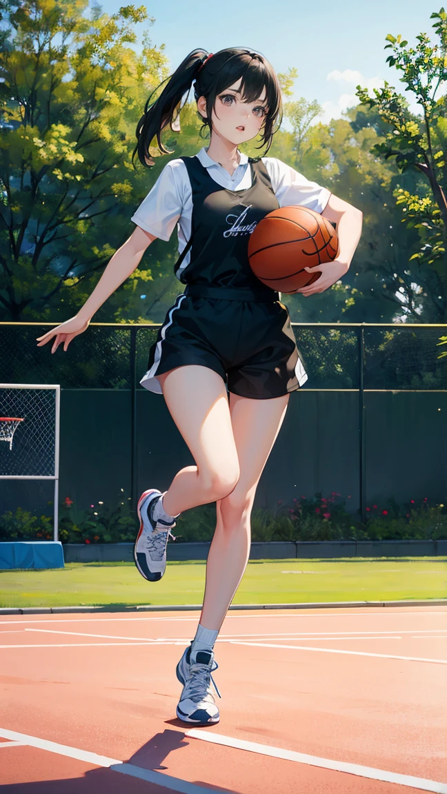 (best quality), (masterpiece), 1 Girl,playing basketball,she is dribbling the ball,running,outdoor basketball court, she is wearing a Suspender top, fair skin, sunny, full body photo,(bright eyes), (black eyes),Highly detailed,(single), sweet, open background,simple background
