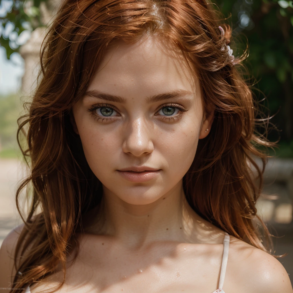 (best quality, 8k, Masterpiece :1.3)), 1 woman (red hair, Bangs), wet:1.2, face with acne, delicate eyes, Big eyes, crooked teeth