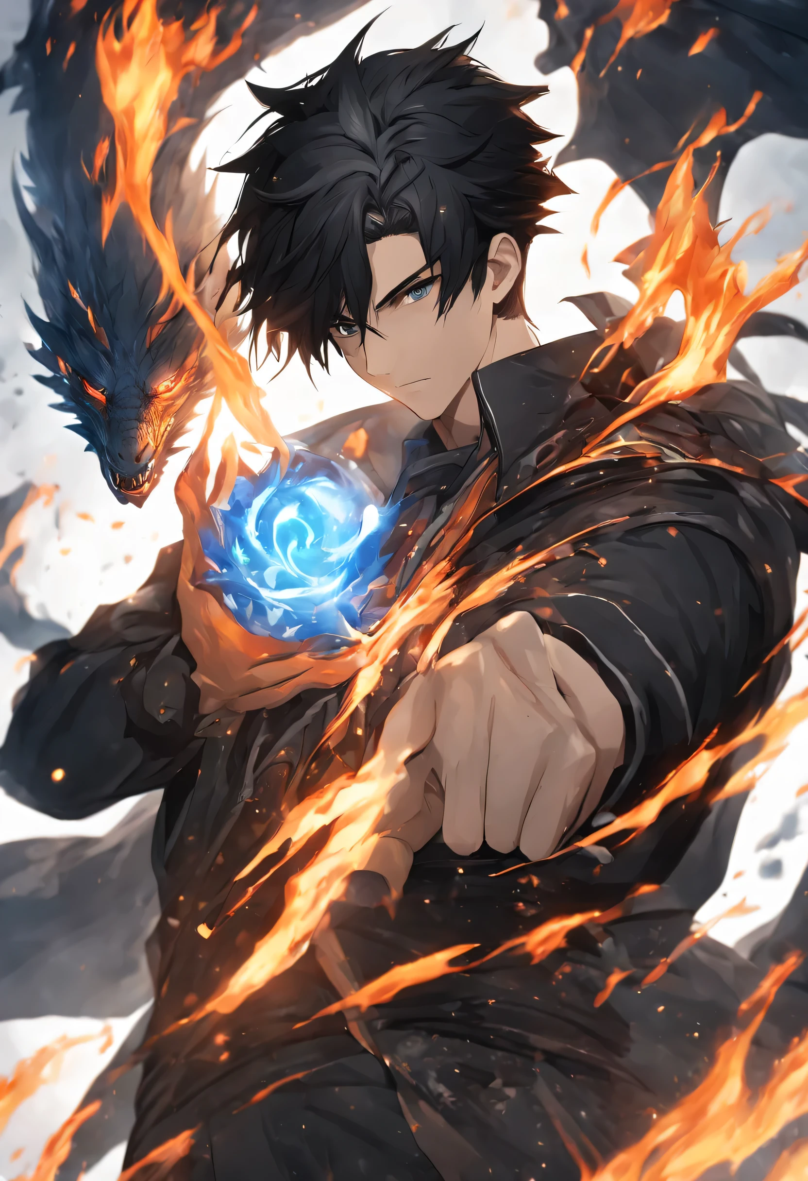 high resolution,high detail,8k,alone,(a boy:1.9),cool guy,HD face,Short black messy hair,A gifted dark spell master,Black and white spell master set,In one hand there is a fireball burning with blue flames,fire flame effect:1.3,The ferocious black dragon surrounded the male protagonist,The content is very detailed,ultra high definition