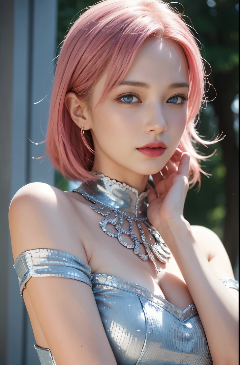 best quality, ultra high res, (photorealistic:1.4), (detailed beautiful girl:1.4), (medium breasts:0.8), looking_at_viewer, Detailed facial details, beautiful detailed eyes,pink hair, blue eyes, slender, haunting smile, (makeup:0.3), red lips, highly detailed clothes, (ulzzang-6500-v1.1:0.3)