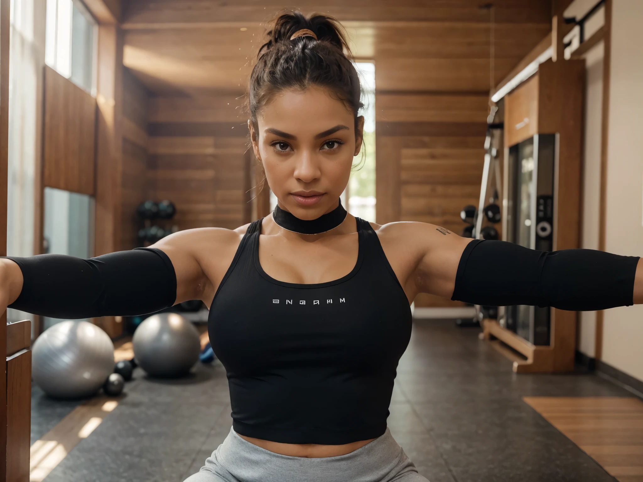 tall, fair, light-skinned woman (cute 30yo woman, jogger outfit, workout, yoga pants), brown eyes, ((nappy hair)), exudes confidence,moves gracefully across the floor, gym outfit accentuates her athletic physique, kiss, beautiful, normal breasts, flirtatious look, no imperfections ((very detailed)), (perfectly detailed face), (well detailed hands), "Immersed in a fitness activity, the woman showcases determination in her sleek black tank top and grey active pants. The balanced pose emphasizes strength and discipline, possibly in yoga or a similar sport. The close-up reveals her youthful face exuding concentration. Dominated by black and brown, the image conveys a grounded, earthy vibe, capturing the essence of an active, fitness-committed woman in the midst of her workout routine.", (perfectly detailed face), (well detailed hands), pores skin, sweet skin, photorealistic image, instagram photo, RAW photo, 8k, film grain.
