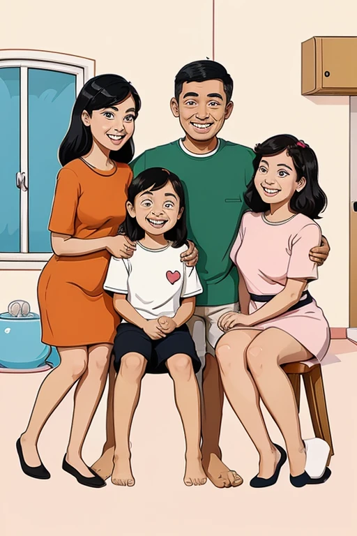 a group of people are sitting and standing together with a heart above them, happy family, cartoon style illustration, illustration line art style, in cartoon style, family portrait, joyful people in the house, hand drawn illustration, cartoon illustration, family, happy people, high quality illustration, an indonesian family portrait, full color illustration, hand drawn cartoon, detailed 2d illustration