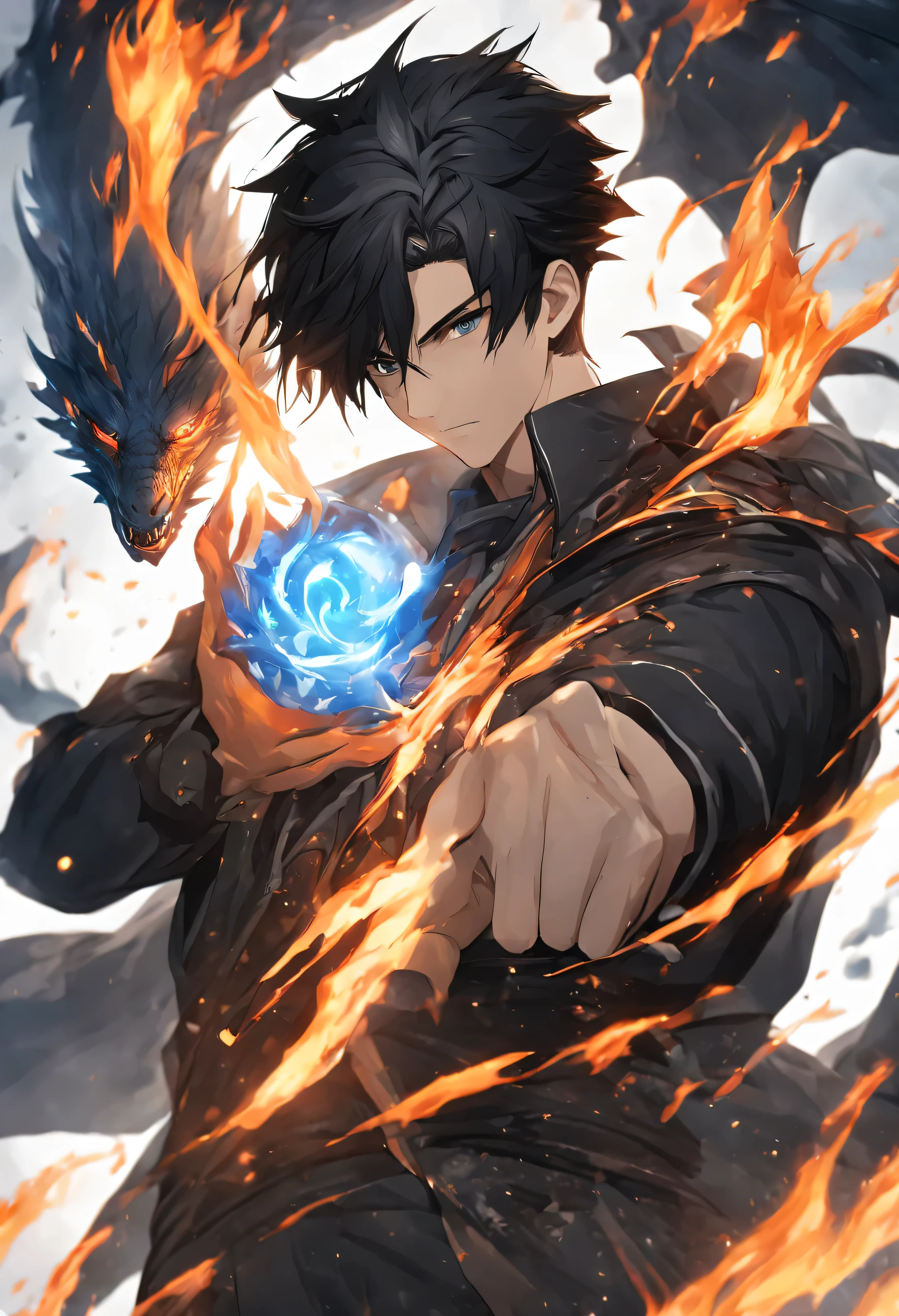 high resolution,high detail,8k,alone,(a boy:1.9),cool guy,HD face,Short black messy hair,A gifted dark spell master,Black and white spell master set,In one hand there is a fireball burning with blue flames,fire flame effect:1.3,The ferocious black dragon surrounded the male protagonist,The content is very detailed,ultra high definition