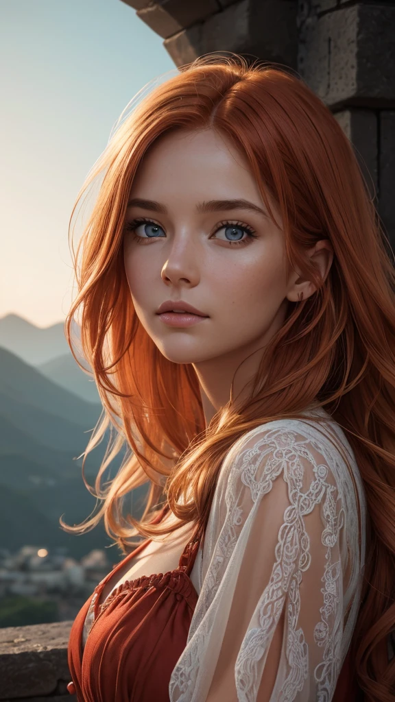 RAW uhd portrait of 24-year-old blonde close-up, Natural red hair, castles, Wavy, (brown-eyed woman) colourful, 8k, many details, ultra hd, realistic, vivid colors, highly detailed, UHD drawing, pen and ink, perfect composition, beautiful detailed intricate insanely detailed octane render trending on artstation, 8k artistic photography, photorealistic concept art, soft natural volumetric cinematic perfect light, Prehistory, redhead, (Red Summer Dress), (cutout), Detailed (textures!, Hair!, brightness, Color!, imperfections:1.1), High detail of light eyes, (looking at the camera), specular lighting, dslr, ultra quality, sharp-focus, Sharp, Depth of field, Film grain, (centered), Fujifilm XT3, Crystal clear, The center of the frame, cute face, sharp-focus, bokeh, (dimly lit), Low key, (day sky), day.