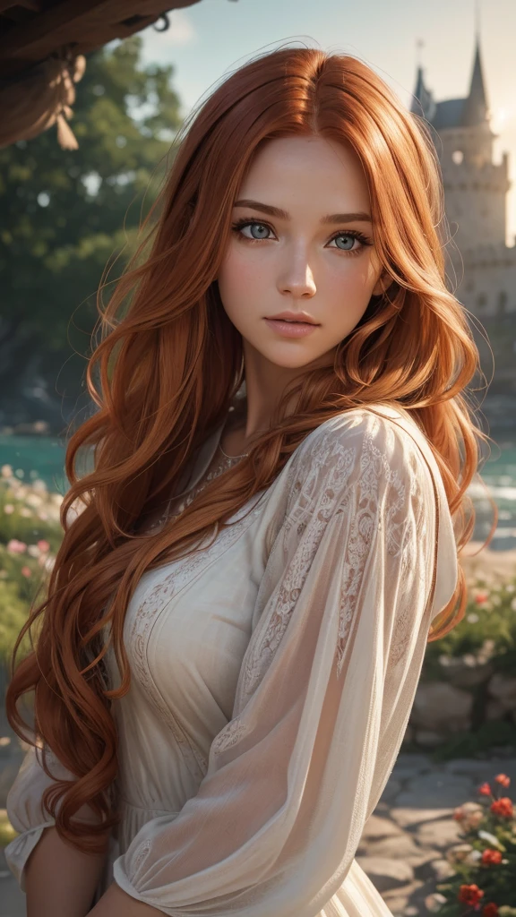 RAW uhd portrait of 24-year-old blonde close-up, Natural red hair, castles, Wavy, (brown-eyed woman) colourful, 8k, many details, ultra hd, realistic, vivid colors, highly detailed, UHD drawing, pen and ink, perfect composition, beautiful detailed intricate insanely detailed octane render trending on artstation, 8k artistic photography, photorealistic concept art, soft natural volumetric cinematic perfect light, Prehistory, redhead, (Red Summer Dress), (cutout), Detailed (textures!, Hair!, brightness, Color!, imperfections:1.1), High detail of light eyes, (looking at the camera), specular lighting, dslr, ultra quality, sharp-focus, Sharp, Depth of field, Film grain, (centered), Fujifilm XT3, Crystal clear, The center of the frame, cute face, sharp-focus, bokeh, (dimly lit), Low key, (day sky), day.