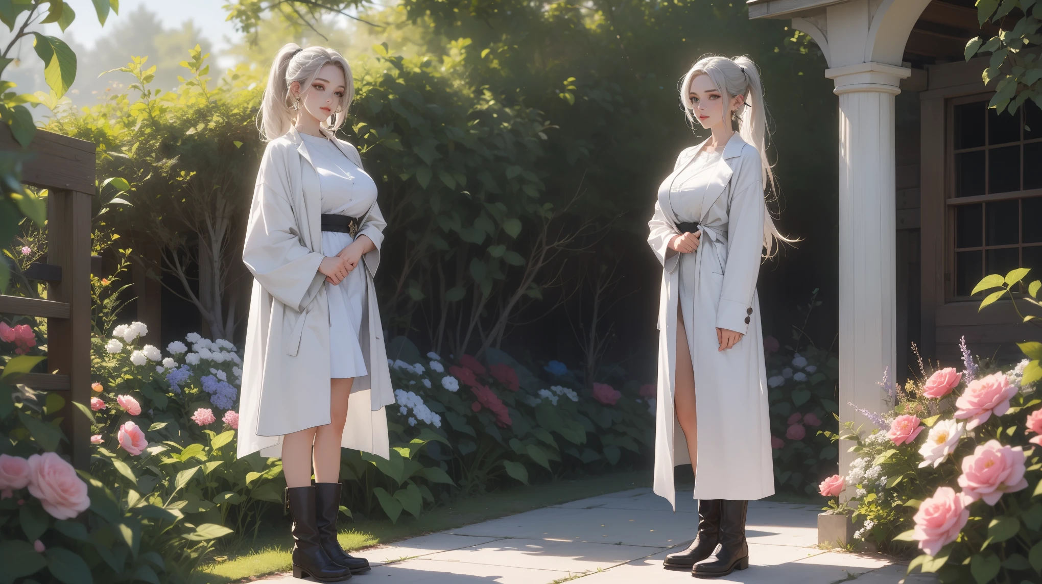 anime female character in white outfit with white coat,
BREAK
, elf, white hair, grey hair, earrings, pointy ears, long hair, ponytail, green eyes, twintails, parted bangs, thick eyebrows, (Beautiful,Huge_Breasts:1.3), milf,
BREAK
, 1girl, solo, Standing in the garden, full body, full figure,
BREAK
, A breathtakingly beautiful garden filled with vibrant flowers, lush green plants, and a crystal-clear pond. The air is filled with the sweet scent of blooming flowers, and rays of golden sunlight gently filter through the leaves, creating a magical atmosphere, 
BREAK
, white outfit with white coat, green boots, brown footwear
BREAK
, beautiful detailed eyes, beautiful detailed lips, extremely detailed eyes and face, long eyelashes,
BREAK
, medium: oil painting, atmospheric lighting, dreamy color palette, detailed interior decoration, quiet and peaceful ambiance,
BREAK
, (best quality,4k,8k,highres,masterpiece:1.2), ultra-detailed,