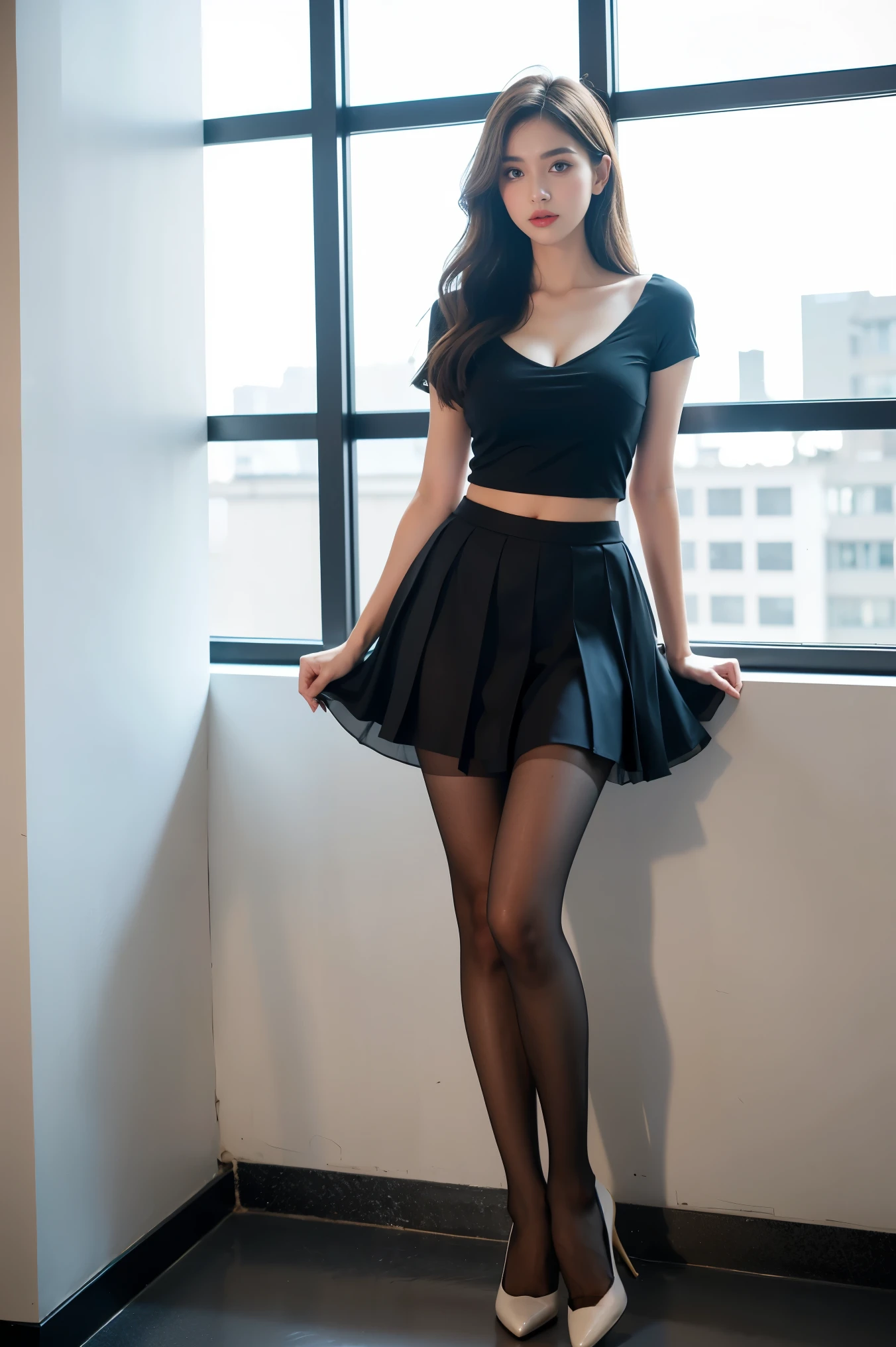 Heavy makeup，White skin，Mature， thin，Leg length，The whole body can be seen，Ultra-thin flesh-colored pantyhose，In school，Have a well-proportioned figure，wavy long hair，Skin color pantyhose，black micro skirt，cleavage，Tulle short sleeves upper body