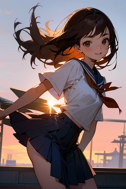 1 Asian Woman、jumping, A very beautiful and charming 18 year old woman、beautiful light brown hair、intense black eyes、strong eye highlights、small breasts、lip gloss、shy smile、japanes high school uniform、white shirt、short navy blue plears skirt、cameltoe, wind, sunset, background is rooftop, Camera angle looking up from slightly below, pulled up skirt, i can see her panties sticking out in front of me.