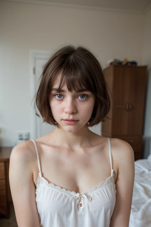 Best quality, hyperrealistic, details, 8k, teenager, , shy, sad, paleness, big blue eyes, very white skin, small nose, short brown hair with bangs, white nightgown, room, melancholy