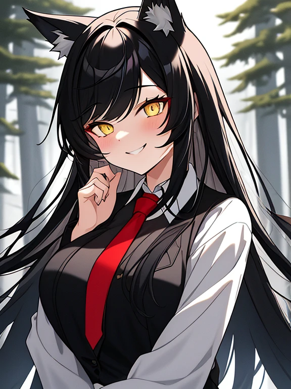 Black Haired, (Long hairstyles), Yellow Vertical pupil,(Vertical Eyes), Wolf ears, A girl, Wearing a White Suit, Aesthetic Design, Underneath Black shirt, Red necktie, ray,backlighting, masterpiece, best quality, exquisite,8k,absorbers ,super fine illustration,(looking at viewer), (Wicked Smile expression), Back Ground,
 (Snowy Forest Wolfs in corner),

