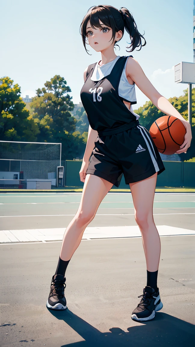 (best quality), (masterpiece), 1 Girl,playing basketball,she is dribbling the ball,running,outdoor basketball court, she is wearing a Suspender top, fair skin, sunny, full body photo,(bright eyes), (black eyes),Highly detailed,(single), sweet, open background,simple background