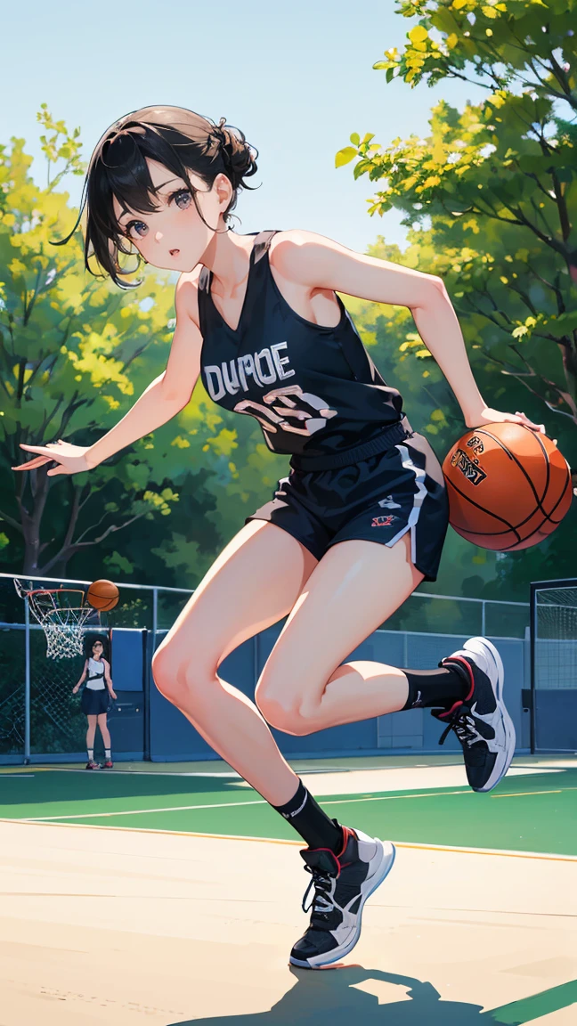 (best quality), (masterpiece), 1 Girl,playing basketball,she is dribbling the ball,running,outdoor basketball court, she is wearing a Suspender top, fair skin, sunny, full body photo,(bright eyes), (black eyes),Highly detailed,(single), sweet, open background,simple background