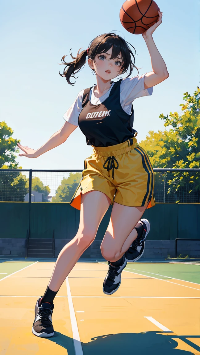 (best quality), (masterpiece), 1 Girl,playing basketball,she is dribbling the ball,running,outdoor basketball court, she is wearing a Suspender top, fair skin, sunny, full body photo,(bright eyes), (black eyes),Highly detailed,(single), sweet, open background,simple background