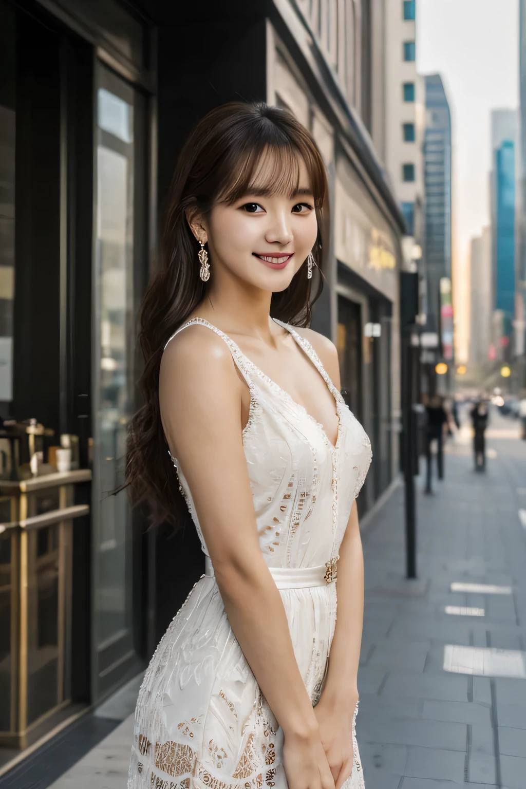 (table top,masterpiece,highest quality), Amazing photos of Korean girl models, whole body, 8K, RAW photo, looking at the viewer, (highly detailed skin:1.2), because I'thin, black hair, (realistic:1.4), white long dress, alone, jewelry, earrings, (looking at the viewer), long hair, brown eyes, portrait, realistic, smile, compensate, cityscape