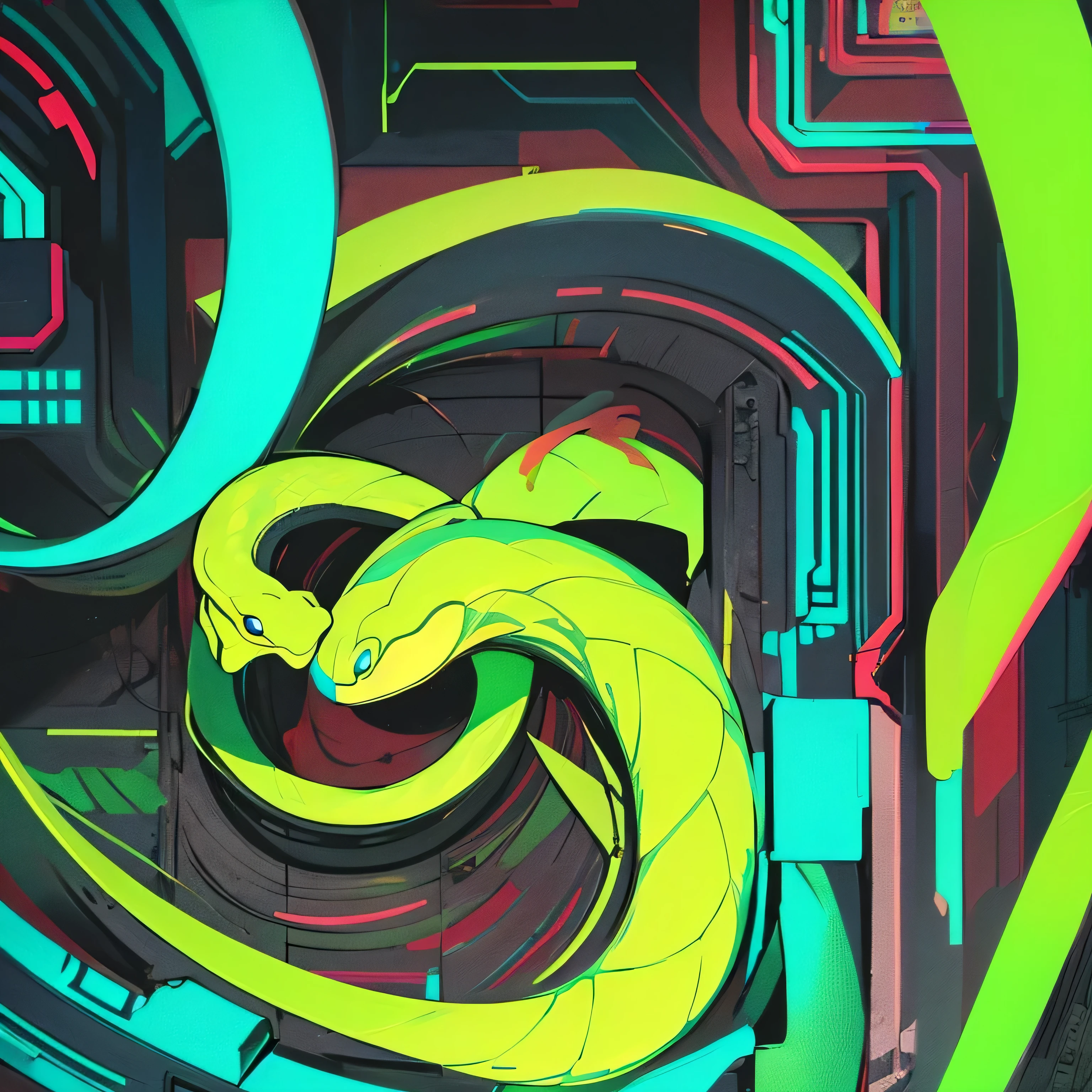 a close up of a neon green snake on a circuit, cyberpunk art style, neon scales and cyborg tech, futuristic art style, 4k detailed digital art, neon digital art, green snakes, jen bartel, snake art, mixed with snake, kilian eng vibrant colors, style hybrid mix of beeple, cyberpunk artstyle, green snakes background