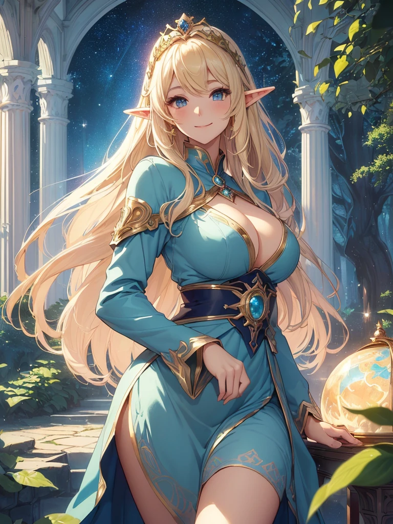 highest quality、Highest image quality、masterpiece、Super beautiful elf beauty from behind((22 years old OL big bust、bust 90,beautiful long ironed hair、blonde、globe、、slender、Close-up、Esbian、beautiful tiara、High quality、beautiful art、background((starry ski)))muste piece、visual art、Depth of bounds written、beautiful starry sky、night、elf ears、、magic of light、space knight、harp melody🎵、A happy smile、gentle light、、Beautiful legs that are gentle on the skin、、、Number of fingers to achieve precise finger movements、ticker beautiful decorative、elegant、mystical rosa、 heaven、beautiful dressy、blue dress、giant galaxy、temple of time、great watch、hourglass、sundial、moment of creation!myth、alphonse mucha art、art nouveau、Lord of the Ring、sexy、friendly smile、fairy forest、Summer Forest、massive trees、many branches and leaves、Rose