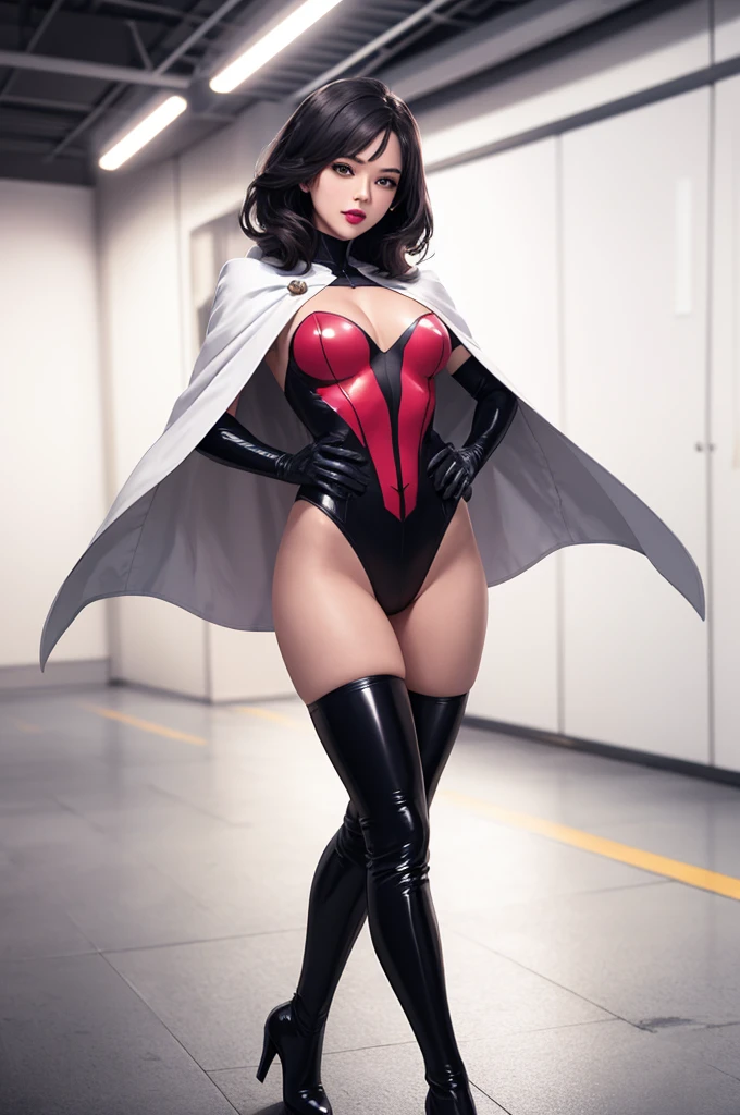straight,Pause,Watching the viewer and laughing,break,
（anime_classic_Jun_Gatchaman_own wife）,www.own wife.and,
long hair,chest,green eyes,lips,medium chest,black hair,lipstick,compensate,
(gloves),cape,Helmet,belt,elbow gloves,(white gloves),skirt,leotard,Spacesuit,（white thigh high boots:1.5),pink dress,superhero,body suit,
official art,Highly detailed CG Unity 8K wallpaper, perfect lighting,colorful, bright_front_face_lit,shiny skin, (masterpiece:1.0),(Highest_quality:1.0), 超High resolution,4K,super detailed, photograph, 8K, HDR, High resolution, (disorganized:1.2), kodak portrait 400, film grain, blurred background, (Bokeh:1.2), Lens flare, (vibrant_color:1.2),プロのphotograph, (beautiful_face:1.5),