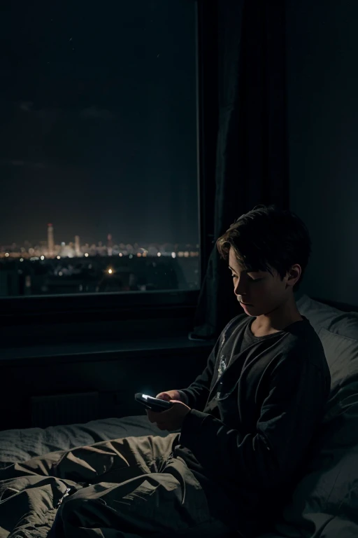 boy sitting in bed with phone in hand with his face lit by the phone, very dark room, bed is near window with city in background, no lights in city, midnight, realistic style, realistic background