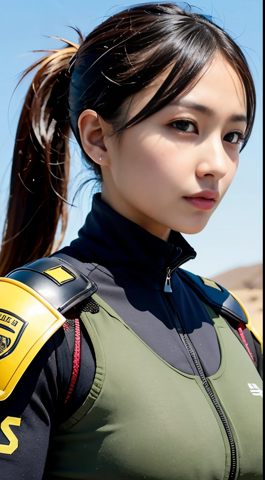Highest image quality,Outstanding details,超高分辨率,(Fidelity:1.4),The best illustration,Favor the details,Female special forces,He has a delicate and beautiful face,Heavy body armor,Black high ponytail,Background desert