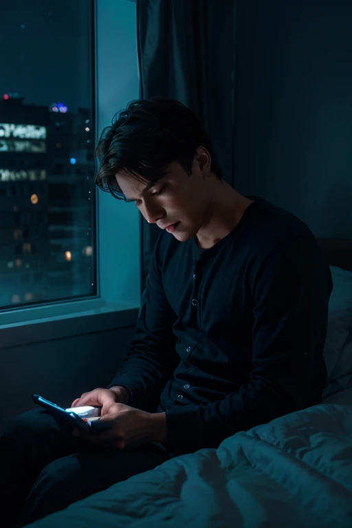 boy sitting in bed with phone in hand with his face lit by the blue light of the phone, very dark room, bed is near window with city in background, no lights in city, midnight, realistic style, realistic background