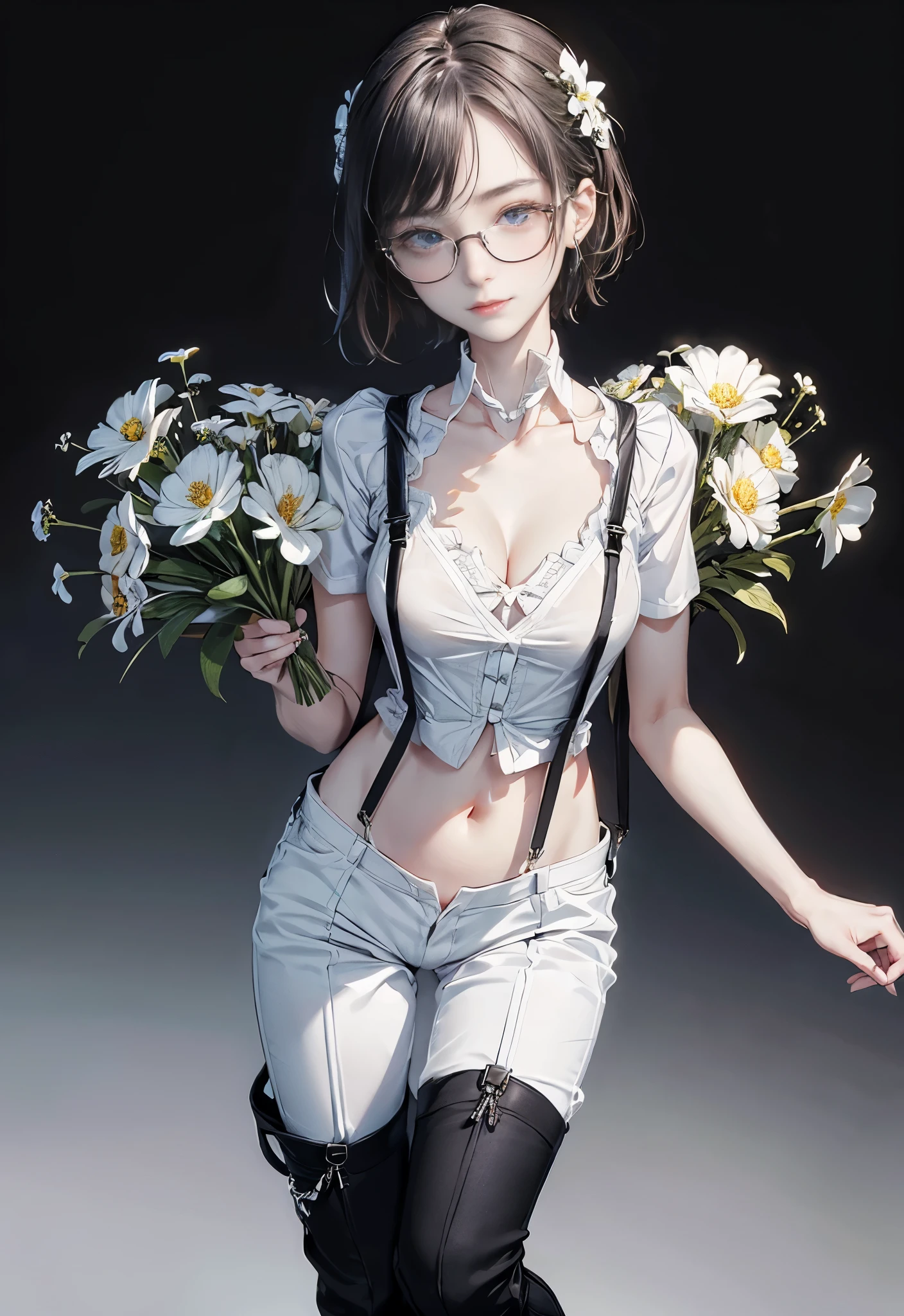 cinematic lighting,super dense skin、beautiful and fine eyes、highest quality,(perfect anatomy:1.3),(1 beautiful woman、Detailed beautiful facial features:1.3)(black short hair、glasses:1.5)(blue eyes、eye shadow:1.4)(Skin exposure on the neck:1.6)The neck is bare skin、The throat is bare skin、(Embarrassed display、blush:1.4)(holding a bouquet of flowers in hand💐:1.5)
break (white theme:1.4), (Wear black suspenders over a white collared shirt:1.5), ((short sleeve, white collar):1.4), ((clavicle, cleavage):1.4), ((belly button,):1.3),
break (black theme:1.2), (Black Tight Tex Pants:1.2), (PLATFORM HIGH BOOTS:1.1),BREAK
(smile a little:1.2)(綺麗なholding a bouquet of flowers in hand:1.5)movie lighting、photo spot studio、Bouquet please,