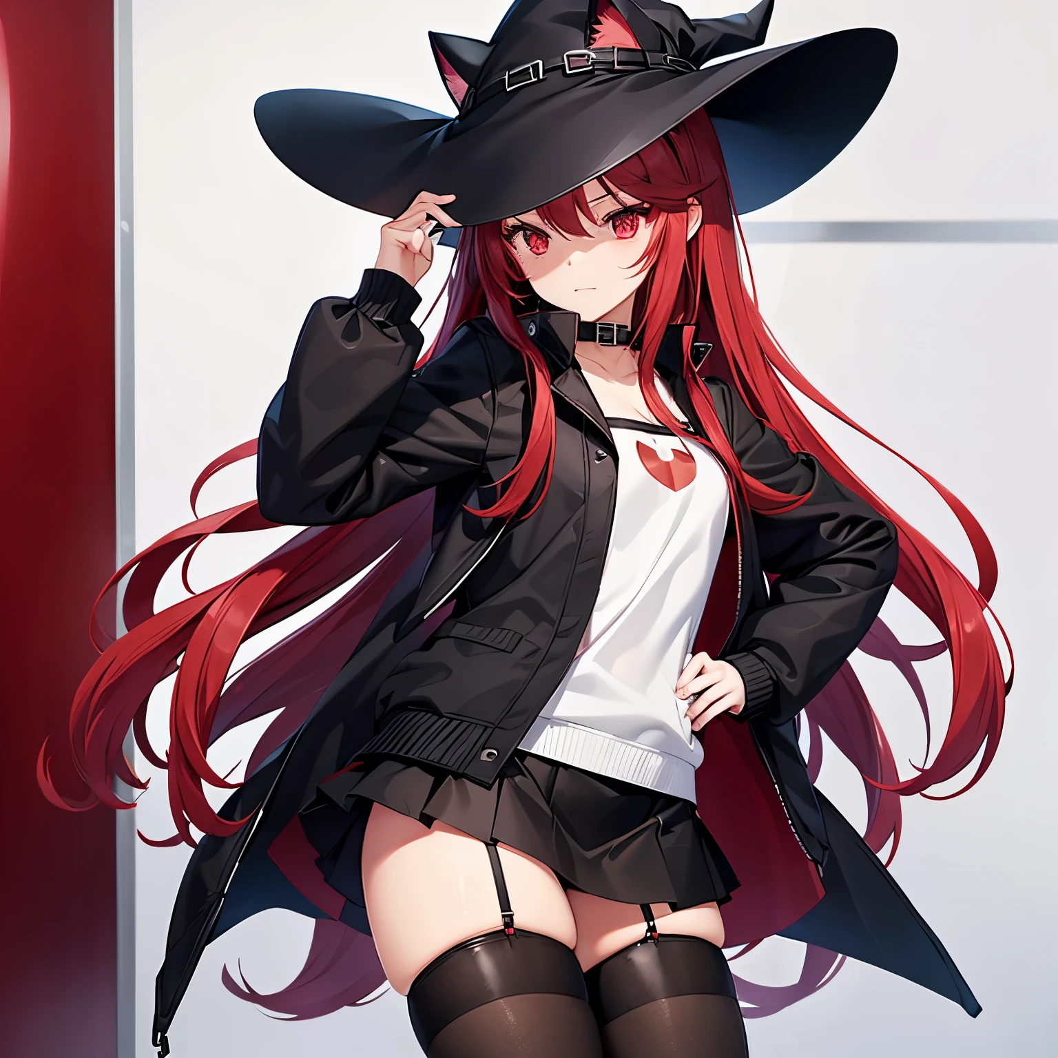 girl with long crimson hair , black very tired eyes, black witch hat with cat ears and red bottom of the hat, girl in a black school jacket with white cutouts, in a miniskirt and stockings, ,Nylon tights, Modest, Darling