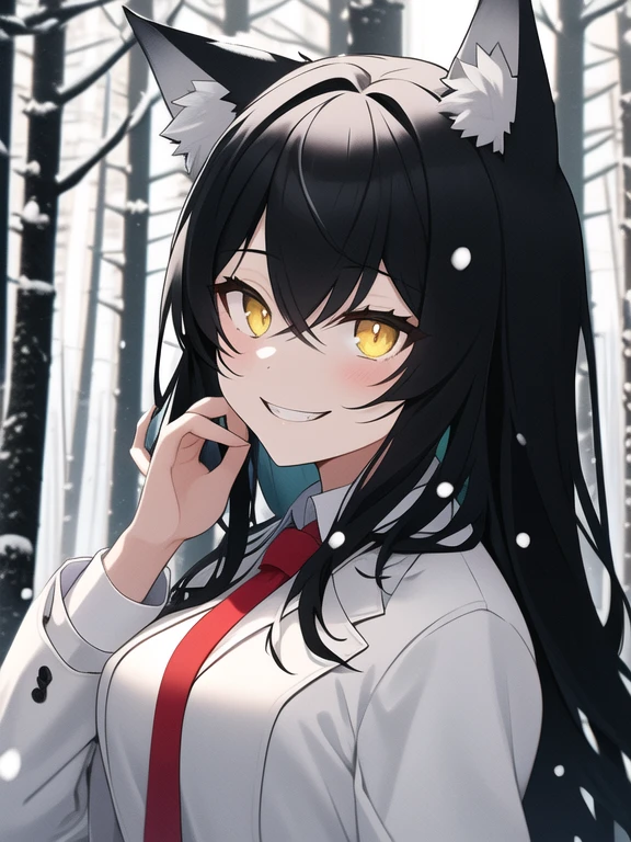 Black Haired, (Long hairstyles), Yellow Vertical pupil,(Vertical Eyes), Wolf ears, (Wicked Smiles), A girl, Wearing a White Suit, Aesthetic Design, Underneath Black shirt, Red necktie, ray,backlighting, masterpiece, best quality, exquisite,8k,absurdres ,super fine illustration,(looking at viewer), Back Ground,
 (((Snowy Forest Wolfs in corner))),

