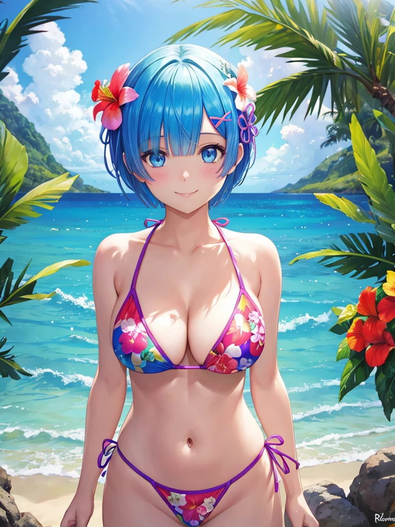 ((top quality)),(Super high resolution),(super detailed),(detailed description),((best pictures)),(best work of art),Rem,Re:zero,Big,blue hair,short hair,blue eyes,super precision art,amazing art of depiction, tropical beach,Tropical flowers,sun, (1 woman)Floral bikini swimsuit,See-through paleo,Upper body,cute,beautiful face,smile,