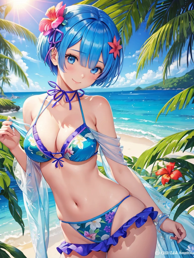 ((top quality)),(Super high resolution),(super detailed),(detailed description),((best pictures)),(best work of art),Rem,Re:zero,Big,blue hair,short hair,blue eyes,super precision art,amazing art of depiction, tropical beach,Tropical flowers,sun, (1 woman)Floral bikini swimsuit,See-through paleo,Upper body,cute,beautiful face,smile,