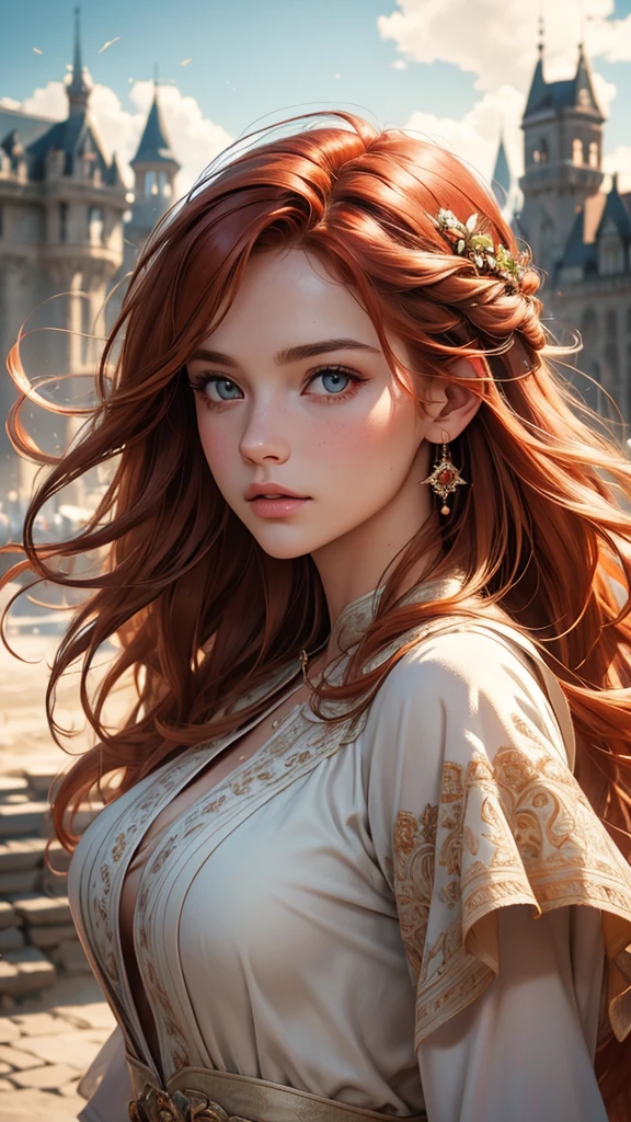 RAW uhd portrait of 24-year-old blonde close-up, Natural red hair, castles, Wavy, (brown-eyed woman) colourful, 8k, many details, ultra hd, realistic, vivid colors, highly detailed, UHD drawing, pen and ink, perfect composition, beautiful detailed intricate insanely detailed octane render trending on artstation, 8k artistic photography, photorealistic concept art, soft natural volumetric cinematic perfect light, Prehistory, redhead, (Red Summer Dress), (cutout), Detailed (textures!, Hair!, brightness, Color!, imperfections:1.1), High detail of light eyes, (looking at the camera), specular lighting, dslr, ultra quality, sharp-focus, Sharp, Depth of field, Film grain, (centered), Fujifilm XT3, Crystal clear, The center of the frame, cute face, sharp-focus, bokeh, (dimly lit), Low key, (day sky), day.