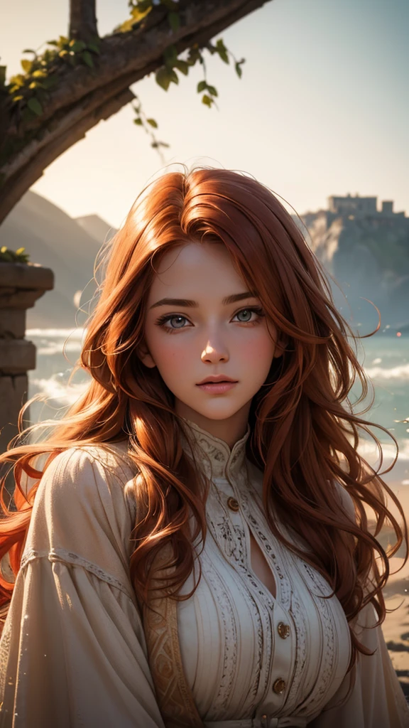 RAW uhd portrait of 24-year-old blonde close-up, Natural red hair, castles, Wavy, (brown-eyed woman) colourful, 8k, many details, ultra hd, realistic, vivid colors, highly detailed, UHD drawing, pen and ink, perfect composition, beautiful detailed intricate insanely detailed octane render trending on artstation, 8k artistic photography, photorealistic concept art, soft natural volumetric cinematic perfect light, Prehistory, redhead, (Red Summer Dress), (cutout), Detailed (textures!, Hair!, brightness, Color!, imperfections:1.1), High detail of light eyes, (looking at the camera), specular lighting, dslr, ultra quality, sharp-focus, Sharp, Depth of field, Film grain, (centered), Fujifilm XT3, Crystal clear, The center of the frame, cute face, sharp-focus, bokeh, (dimly lit), Low key, (day sky), day.