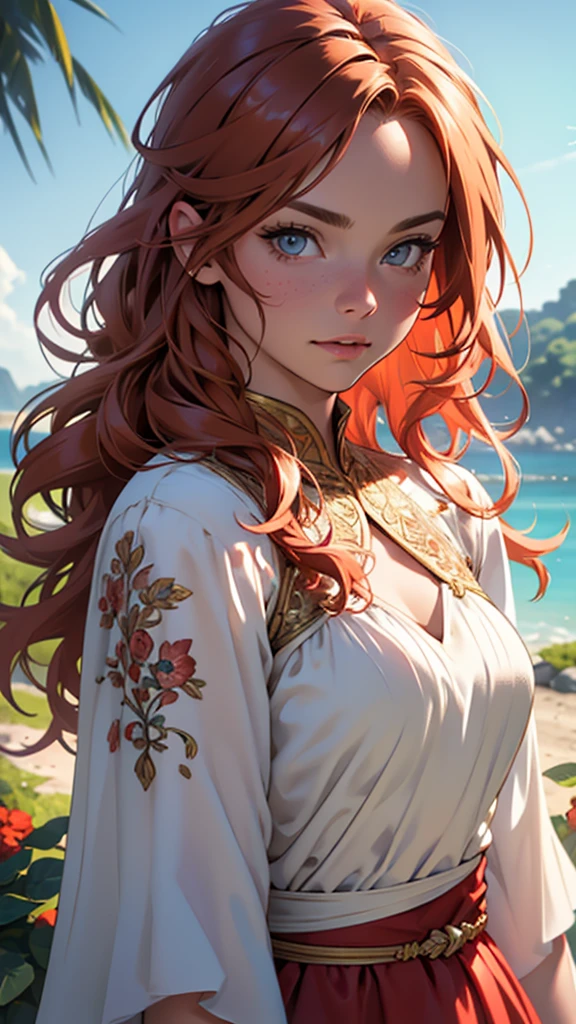RAW uhd portrait of 24-year-old blonde close-up, Natural red hair, castles, Wavy, (brown-eyed woman) colourful, 8k, many details, ultra hd, realistic, vivid colors, highly detailed, UHD drawing, pen and ink, perfect composition, beautiful detailed intricate insanely detailed octane render trending on artstation, 8k artistic photography, photorealistic concept art, soft natural volumetric cinematic perfect light, Prehistory, redhead, (Red Summer Dress), (cutout), Detailed (textures!, Hair!, brightness, Color!, imperfections:1.1), High detail of light eyes, (looking at the camera), specular lighting, dslr, ultra quality, sharp-focus, Sharp, Depth of field, Film grain, (centered), Fujifilm XT3, Crystal clear, The center of the frame, cute face, sharp-focus, bokeh, (dimly lit), Low key, (day sky), day.