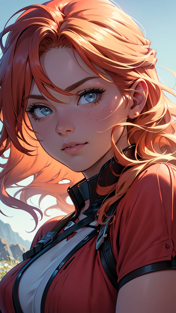 RAW uhd portrait of 24-year-old blonde close-up, Natural red hair, castles, Wavy, (brown-eyed woman) colourful, 8k, many details, ultra hd, realistic, vivid colors, highly detailed, UHD drawing, pen and ink, perfect composition, beautiful detailed intricate insanely detailed octane render trending on artstation, 8k artistic photography, photorealistic concept art, soft natural volumetric cinematic perfect light, Prehistory, redhead, (Red Summer Dress), (cutout), Detailed (textures!, Hair!, brightness, Color!, imperfections:1.1), High detail of light eyes, (looking at the camera), specular lighting, dslr, ultra quality, sharp-focus, Sharp, Depth of field, Film grain, (centered), Fujifilm XT3, Crystal clear, The center of the frame, cute face, sharp-focus, bokeh, (dimly lit), Low key, (day sky), day.