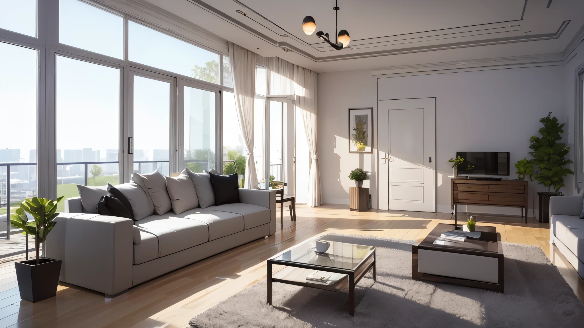You are a famous interior designer、You have been asked to create a 3D image of a modern large room. Create a harmonious environment with modern and minimalist furniture. Including garden interior.