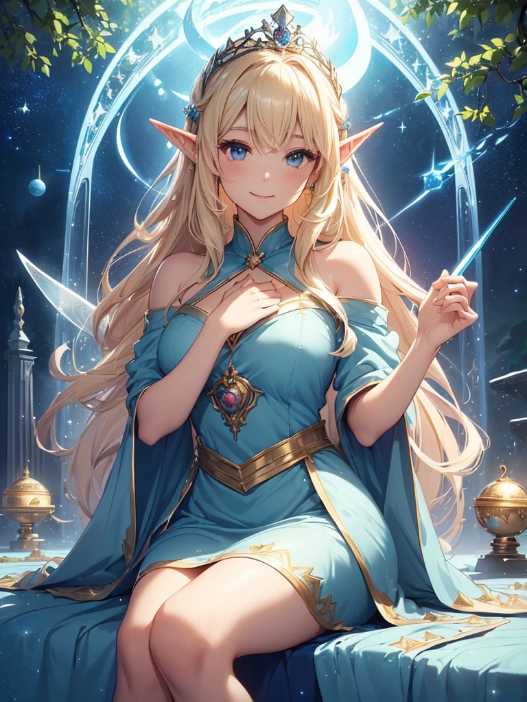 highest quality、Highest image quality、masterpiece、Super beautiful elf beauty with a beautiful profile((22 years old OL big bust、bust 90,beautiful long ironed hair、blonde、globe、、slender、Close-up、Esbian、beautiful tiara、High quality、beautiful art、background((starry ski)))muste piece、visual art、Depth of bounds written、beautiful starry sky、night、elf ears、、magic of light、space knight、harp melody🎵、A happy smile、gentle light、、Beautiful legs that are gentle on the skin、、、Number of fingers to achieve precise finger movements、ticker beautiful decorative、elegant、mystical rosa、 heaven、beautiful dressy、blue dress、giant galaxy、temple of time、great watch、hourglass、sundial、moment of creation!myth、Lord of the Ring、sexy、friendly smile、fairy forest、massive trees、many branches and leaves、Rose、