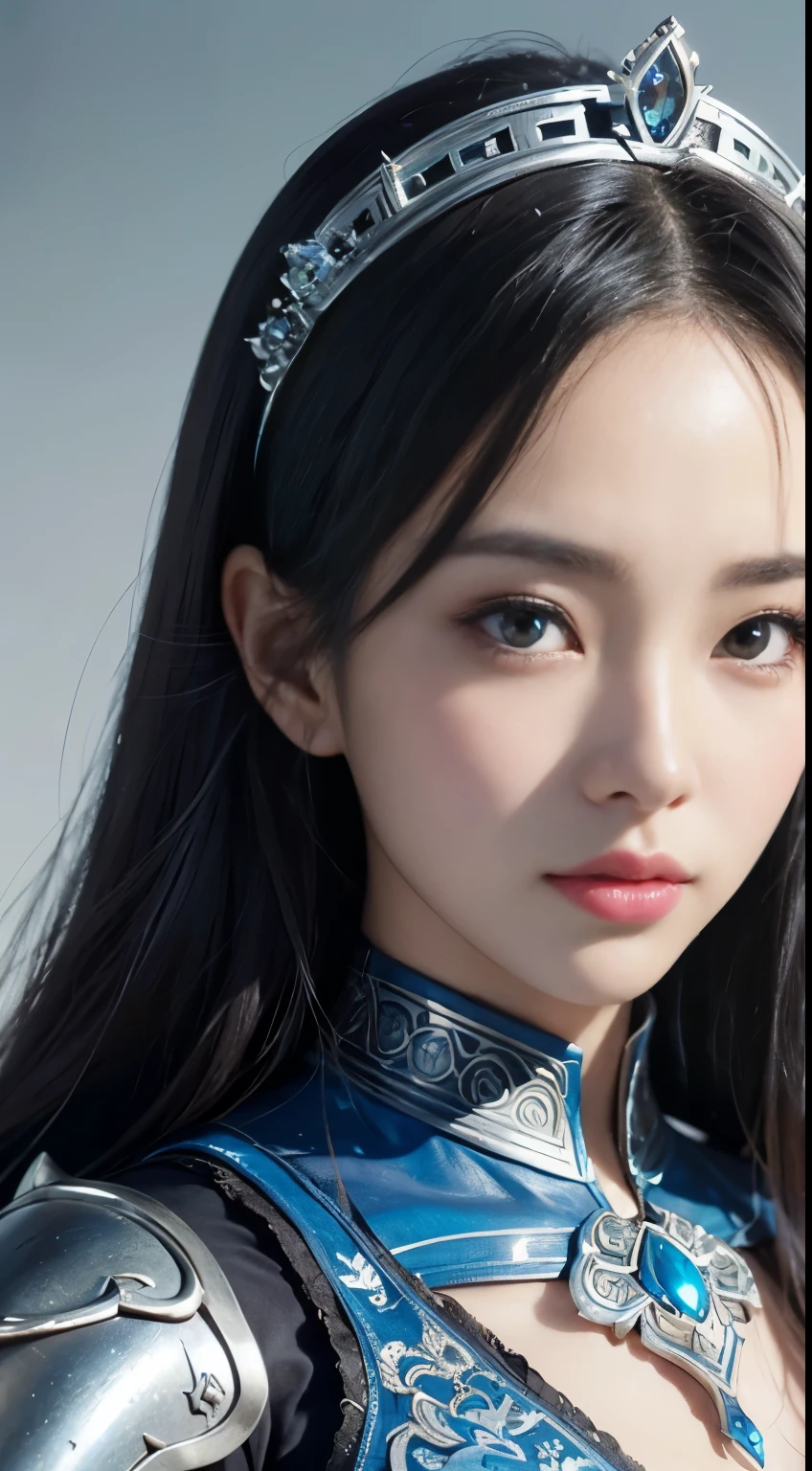Close up portrait of woman in silver and blue dress, Chenwei Pan On Art Station, by Jan J., detailed fantasy art, great character art, fan art best art station, magnificent exquisite character art, beautiful armor, highly detailed art germ, detailed digital anime art, ArtStation Pixiv の Artgerm, armor girl,((nsfw)),(((nipples)))