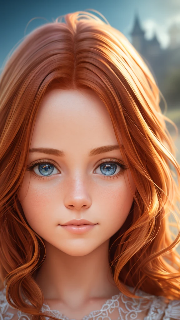 RAW uhd portrait of 24-year-old blonde close-up, Natural red hair, castles, Wavy, (brown-eyed woman) colourful, 8k, many details, ultra hd, realistic, vivid colors, highly detailed, UHD drawing, pen and ink, perfect composition, beautiful detailed intricate insanely detailed octane render trending on artstation, 8k artistic photography, photorealistic concept art, soft natural volumetric cinematic perfect light, Prehistory, redhead, (Red Summer Dress), (cutout), Detailed (textures!, Hair!, brightness, Color!, imperfections:1.1), High detail of light eyes, (looking at the camera), specular lighting, dslr, ultra quality, sharp-focus, Sharp, Depth of field, Film grain, (centered), Fujifilm XT3, Crystal clear, The center of the frame, cute face, sharp-focus, bokeh, (dimly lit), Low key, (day sky), day.