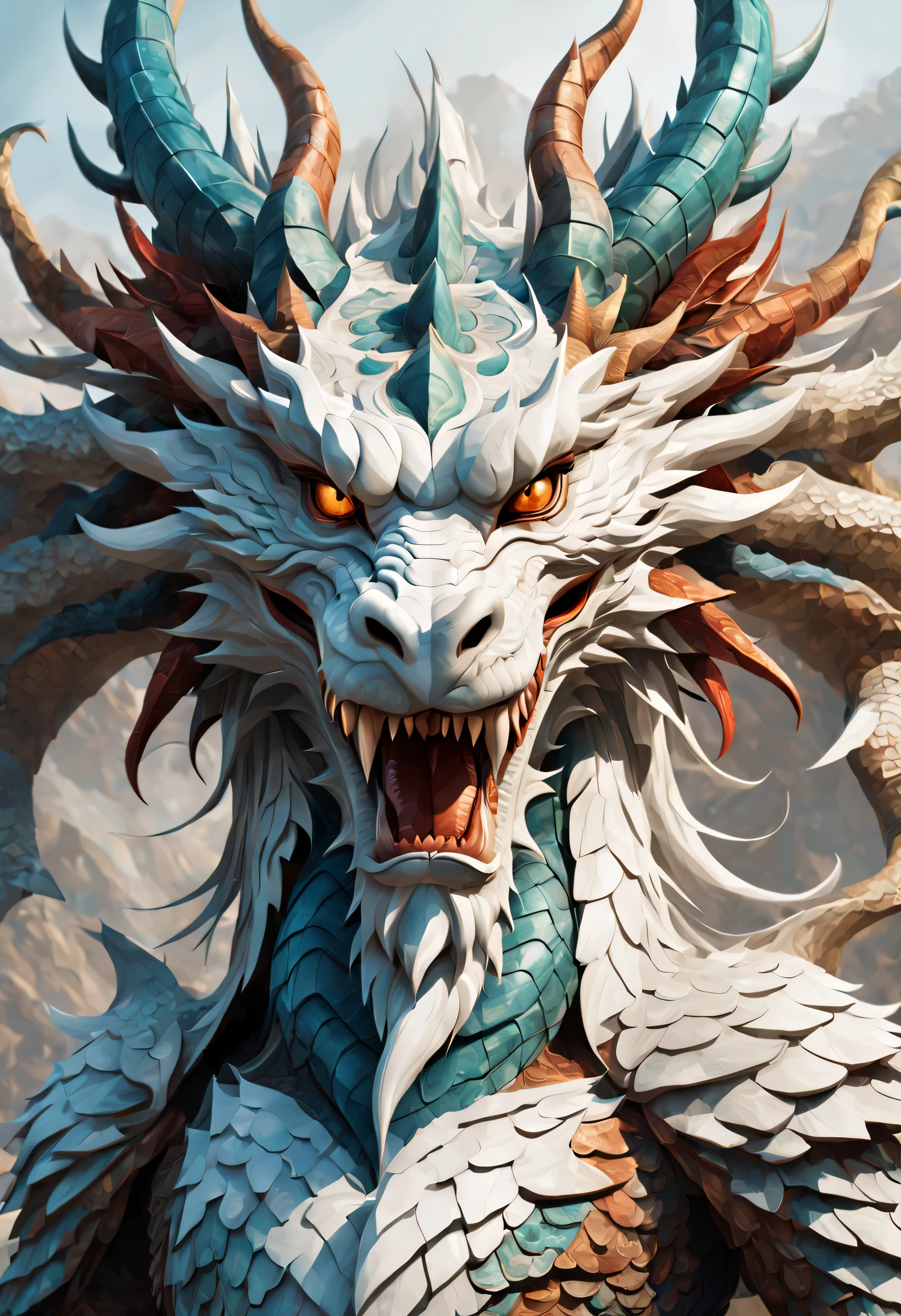 You are a famous totem designer，And was commissioned to create a colorful dragon graphic design image. Close-up of the front of the face, boobgasm, Teeth not shown.solemn and peaceful.Use graphic design to create colorful white dragon totems. Include some backgrounds for impressive effects，Make it look textured.design totem.Simple background.ultra high definition, super detailed.Chinese.auspicious.auspicious风格（Super quality，super detailed，super complex，extremely complex）