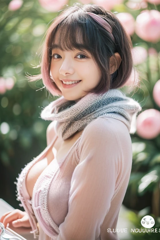 1 girl、Photoreal、amazingly beautiful、(highest quality、8K、32K、masterpiece、nffsw:1.3)、(realistic、super detailed、Best detailed body capture、eye for detail, beautiful eyes、Street view、(perfect anatomy:1.3)、(no mask:1.photograph、table top)、((No makeup))、cute japanese woman、24-years-old、OL、young girl、have bangs、double eyelid、drooling eyes、big black eyes、attractive、purity、cute smile、natural smile、watch here、realistic肌タイプ、knit sweater、((scarf hair))、the wind is blowing、illumination、Light is shining from behind、medium bob cut、Do not show ears,My eyes are big,slightly sagging eyes,No makeup,((big breasts)),((Voluminous bust))、my hands are behind my waist、'invisible.