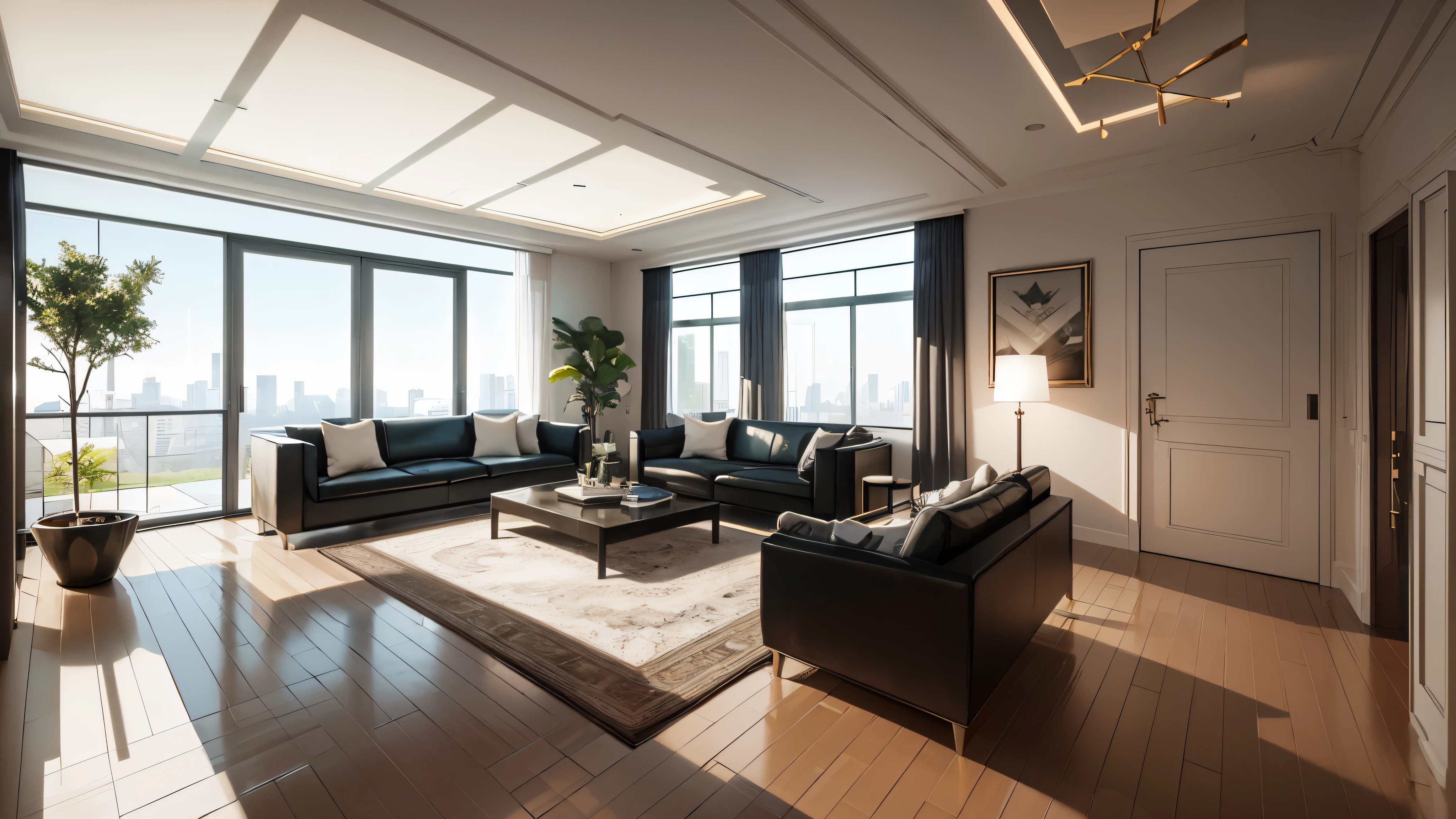 You are a famous interior designer、You have been asked to create a 3D image of a modern large room. Create a harmonious environment with modern and minimalist furniture. Including garden interior.