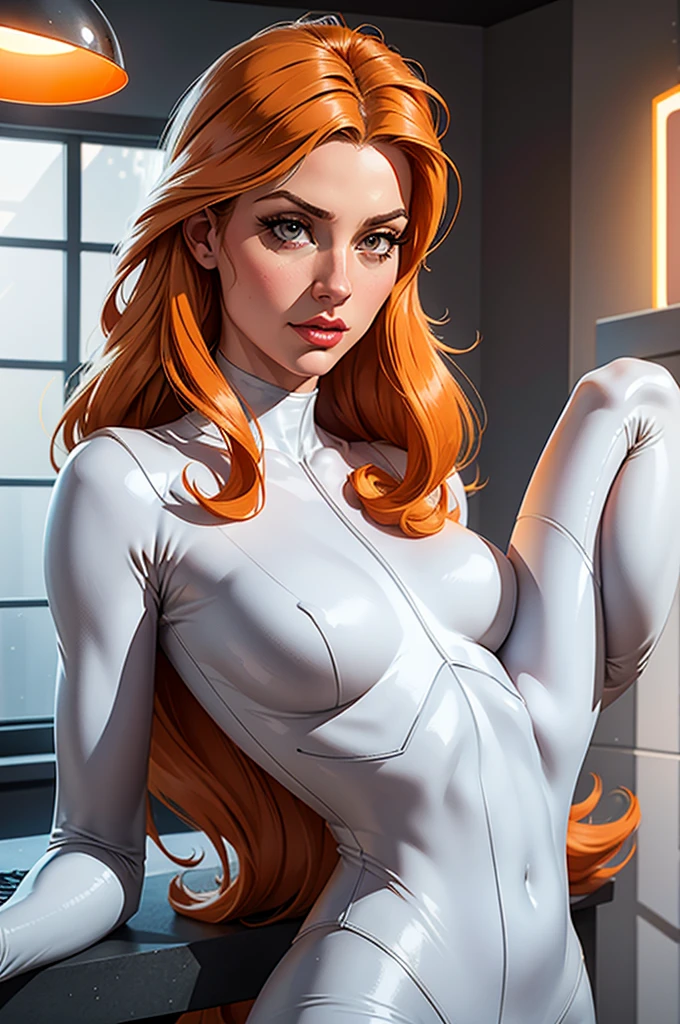 (best quality,8k:1.2,high resolution:1.2),ultra-detalhado,Realistic,retro science female,static pose,long hair,rosto extremamente detalhados,long eyelashes,white porcelain catsuit,Apertado,white pantyhose, light orange gloves,light orange Glossy metalic accessories,Physically-based rendering,foco nítido,studio lighting