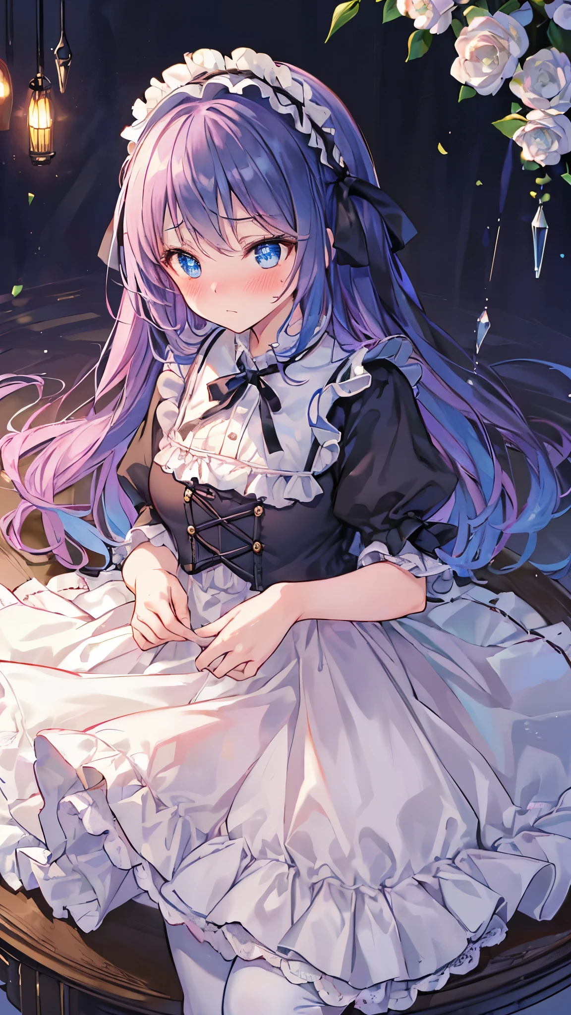(table top, highest quality:1.2), 8K, 85mm, official art, absurd, black haired, (blue eyes, lolita fashion, sweet lolita, gothic, dress:1.2), idol face, Upper body, beautiful girl, gardeniass, copenhagen, short sleeve, grace, Sophisticated, gardenia, film grain, chromatic aberration, sharp focus, face light, dynamic lighting, cinematic lighting,(( blush、embarrassed look, avert your eyes、look down shyly:1.2))、(((lift up the skirt、I can see white pants、Sujiman、slit)))、