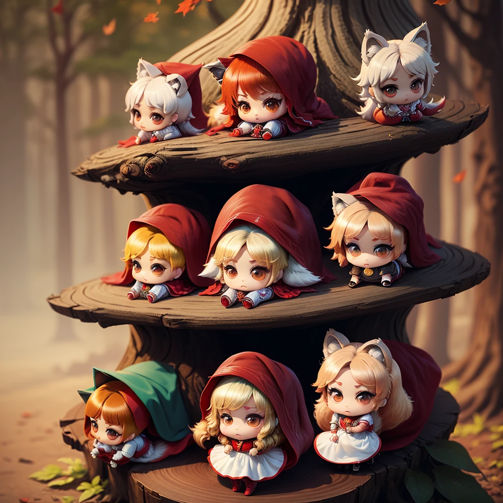 ​masterpiece、top-quality、ultra-detailliert、(Little Red Riding Hood:1.5)、(White Dress:1.3)Red braided boots、(Chibi Chara Wolf:1.7)、Fairytale autumn forest、Sit on a stump