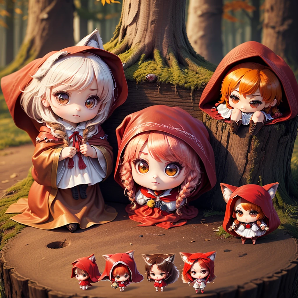 masterpiece、top-quality、ultra-detailliert、(Little Red Riding Hood:1.5)、(White Dress:1.3)Red braided boots、(Chibi Chara Wolf:1.7)、Fairytale autumn forest、Sit on a stump