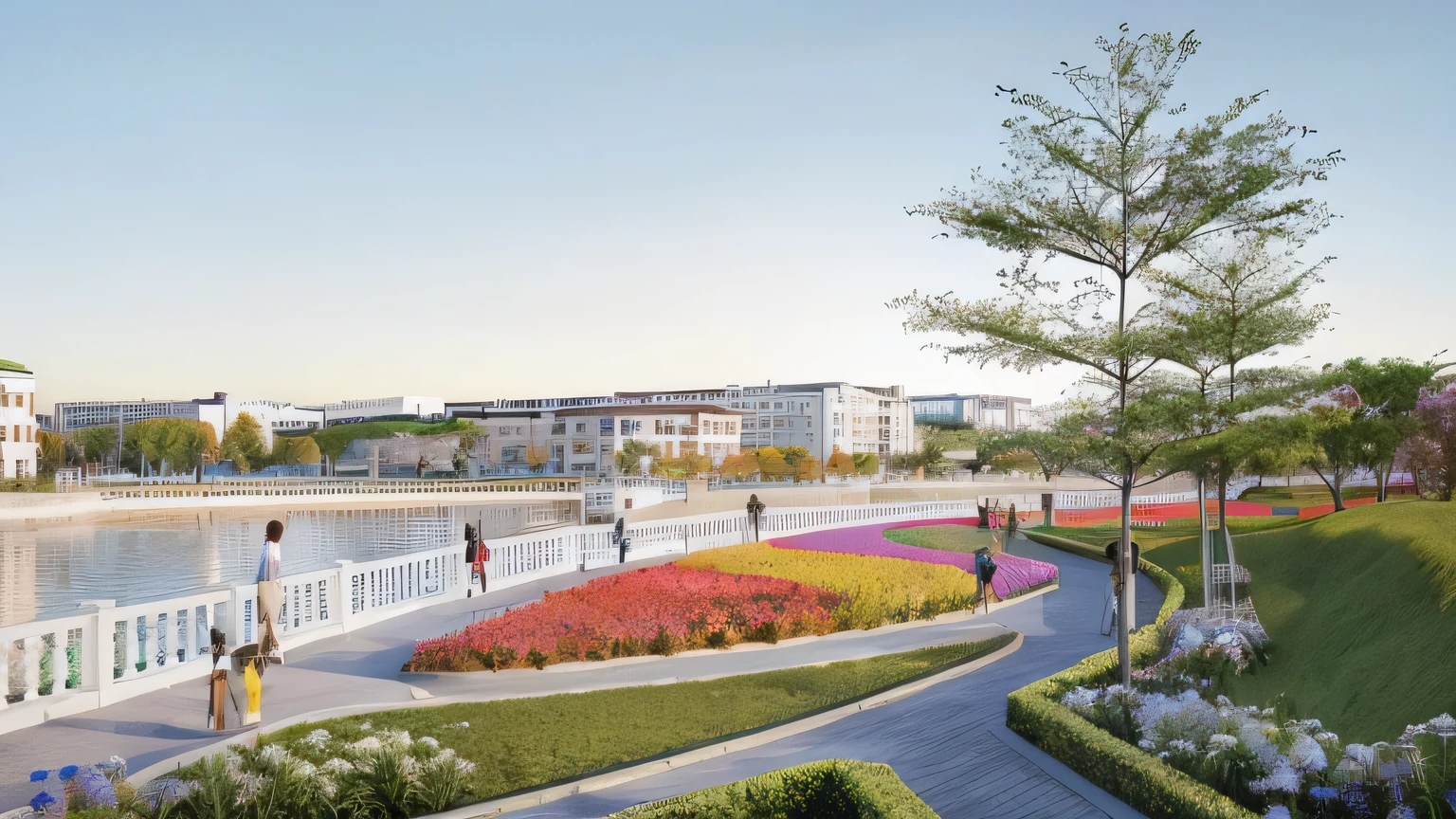 there are people walking along a path near a river, artist's impression, riverside, beautiful image, photo from 2022, artist impression, vibrant and dynamic, digital artwork, phuoc quan, hoang lap, vibrant realistic, hyper-realistic render, hyper - realistic render, artistic impression, port city, majestic masterpiece, photo realistic image, rendering