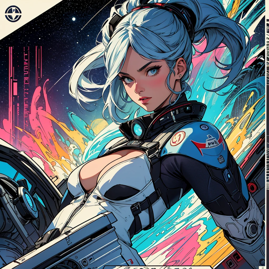 (((highest quality))),masterpiece,1 woman,((the perfect person)),((Super beautiful woman)),detailed perfect face,retro,vintage,classic,60's,70's,80's,old movie posters,abstract,((スペーススリラーmovie poster)),(Futuristic),Geometric pattern,very delicate,movie poster_white frame,universe,Milky Way,planet,,propaganda,universe飛行士,breast enhancement,simple,(big breasts),(cleavage),cyber punk,massive stream of light,overlay,SF,A scene from a science fiction movie,universeステーション,tattoo,American comic book style,perfect fingers,perfect physical beauty,perfect body,anime,highlight,